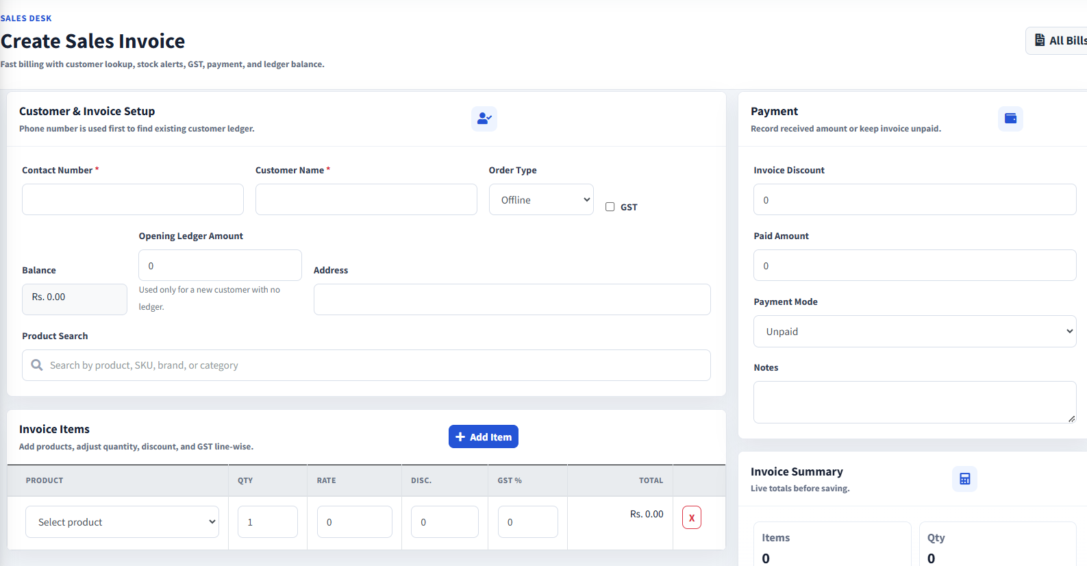Fast sales billing screen in VyapaarGo